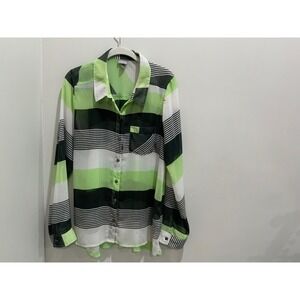 Vanity Womens XL Lime Green Black Striped Roll Tab Sleeve Sheer Blouse Top